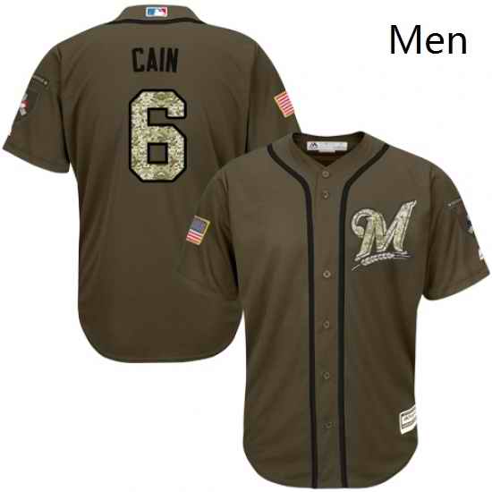 Mens Majestic Milwaukee Brewers 6 Lorenzo Cain Authentic Green Salute to Service MLB Jersey